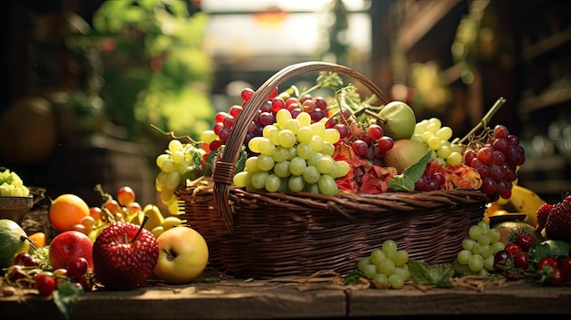 Um cesto de frutas na mesa Fresca, colorida e deliciosa Primavera