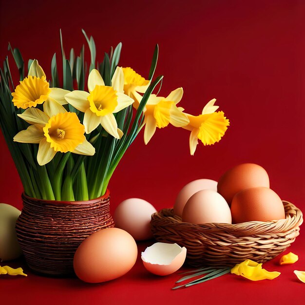 Um cesto de ovos e um vaso de narcisos em fundo vermelho