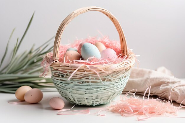 Um cesto de Páscoa de cor pastel cheio de grama de Páscoa rosa triturada O cesto tem um ovo de Páscoa pintado à mão amarrado na frente