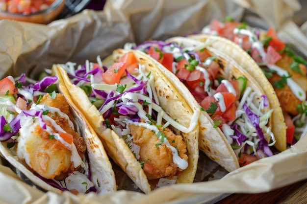 Foto um cesto de tacos de peixe flocoso gerado por ai