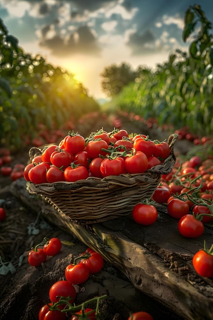 Um cesto de tomates cereja na mesa no campo sob um céu nublado