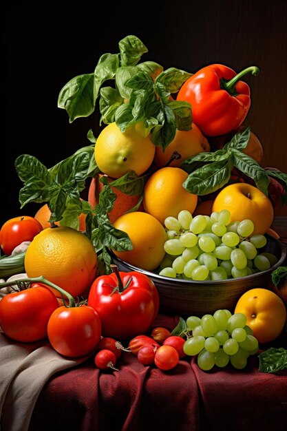 Foto um cesto de tomates tomates e outros vegetais estão em uma mesa