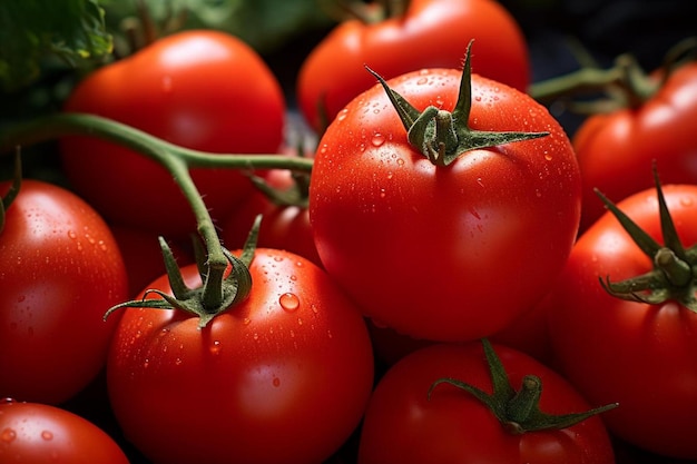 Um cesto de tomates vermelhos com gotas de água.