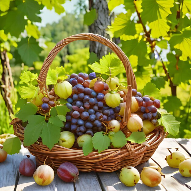 um cesto de uvas e uvas em uma mesa