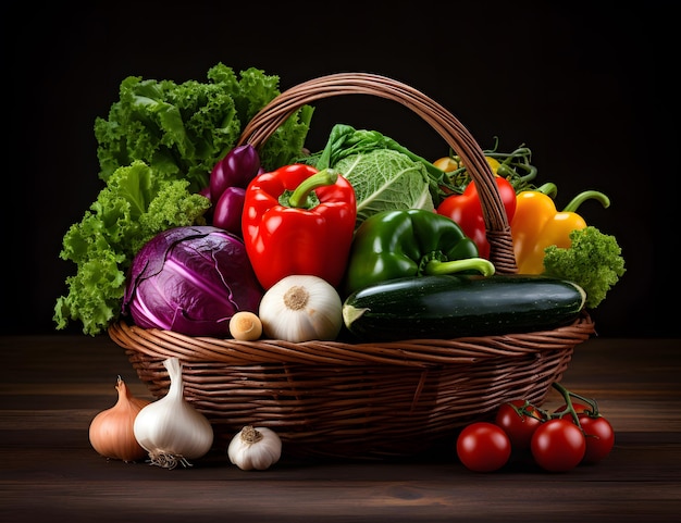um cesto de vegetais, incluindo rabanetos, tomates, alface e tomates