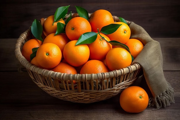 Um cesto de vime cheio de uma variedade de laranjas com folhas verdes em cima, gerado pela IA.