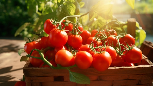 Um cesto iluminado pelo sol com tomates vermelhos maduros e vibrantes