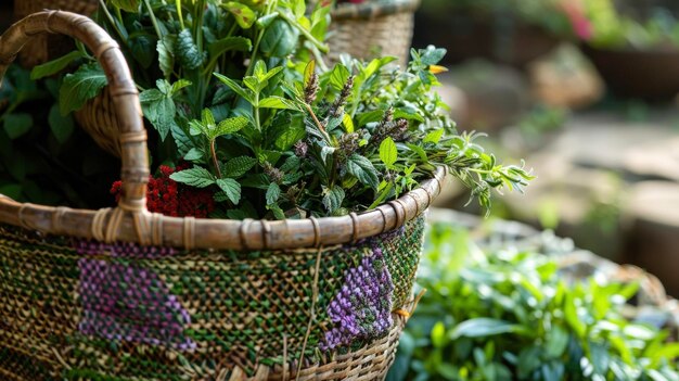 Um cesto intrincadamente tecido cheio de ervas e plantas recém-colhidas prontas para serem usadas em