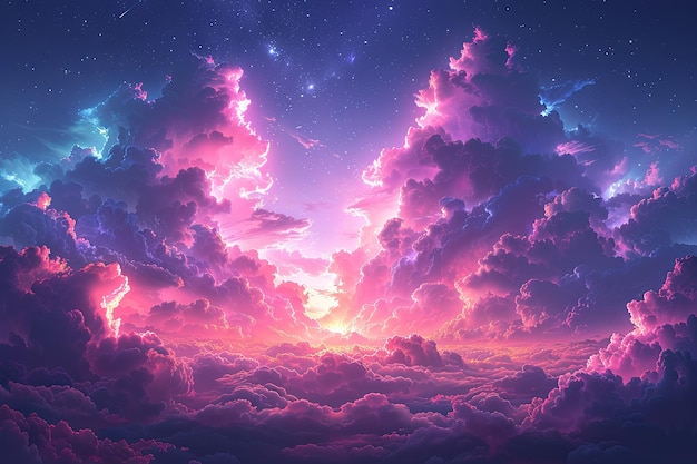 um céu azul abstrato com nuvens cor-de-rosa e azuis no estilo de ilustração nostálgica pixel colorido