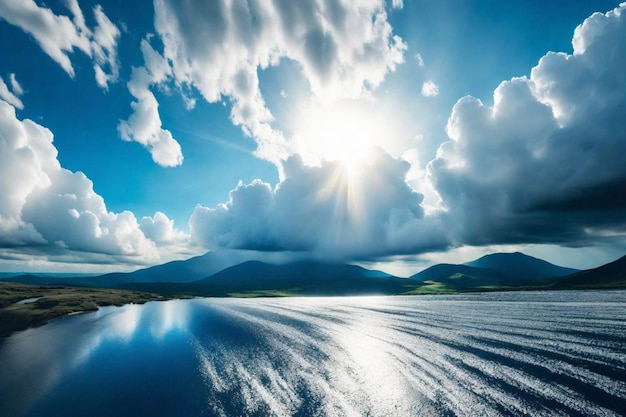 um céu azul com nuvens e o sol brilhando através das nuvens