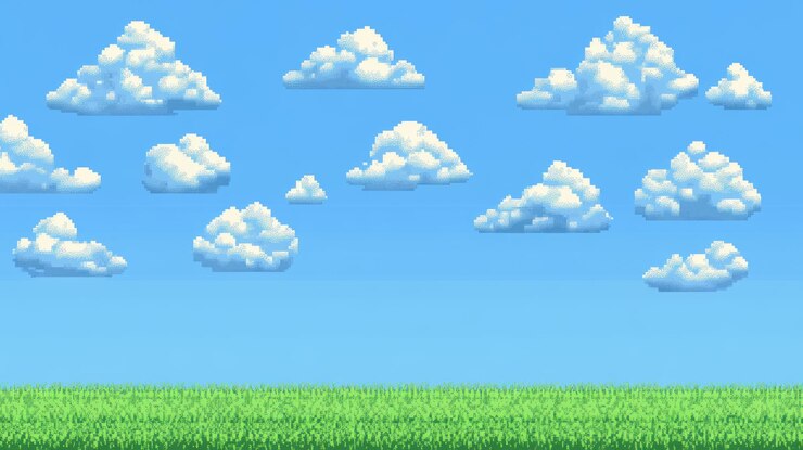 Foto um céu azul com nuvens e um campo verde abaixo fornecem espaço para personagens e texto neste fundo de jogo de arte de pixel