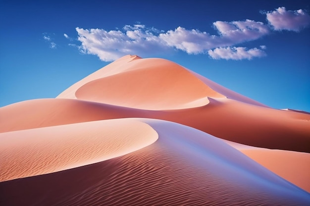 Um céu azul com nuvens e uma duna de areia no deserto