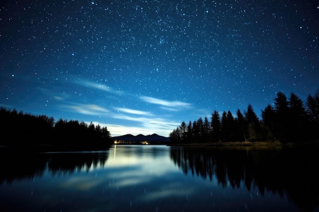 Um céu cheio de estrelas refletindo em um lago calmo