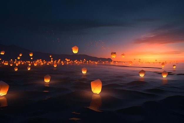 Um céu cheio de lanternas ao pôr do sol com as palavras "chinês" embaixo.