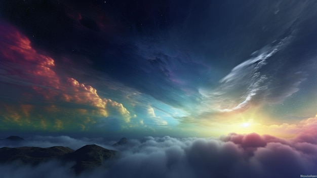 Um céu cheio de nuvens com asas de anjo acima das nuvens.
