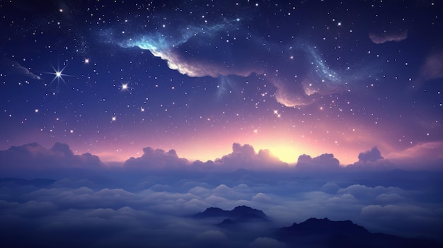 um céu colorido com estrelas e nuvens com a lua acima