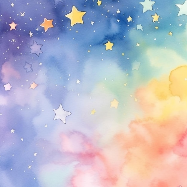 Um céu colorido com estrelas e nuvens.