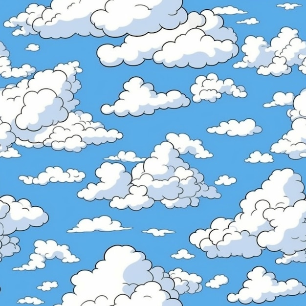 um céu de desenho animado com nuvens e um avião voando no céu generativ ai