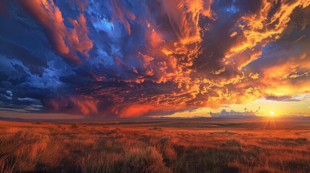 Foto um céu dramático em chamas com cores enquanto uma tempestade se esclarece ao pôr-do-sol lançando um brilho dourado sobre a paisagem na sequência da fúria da natureza.