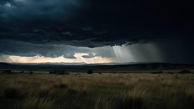 Um céu escuro com um raio de luz brilhando através das nuvens