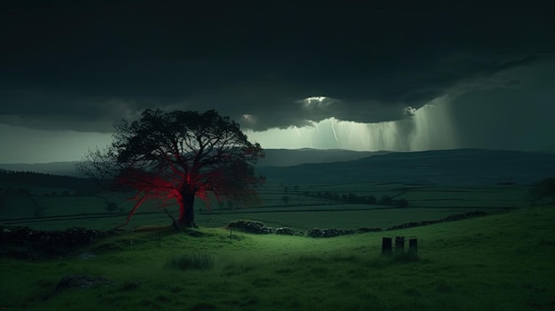 Um céu escuro com uma árvore em primeiro plano e uma tempestade chegando.