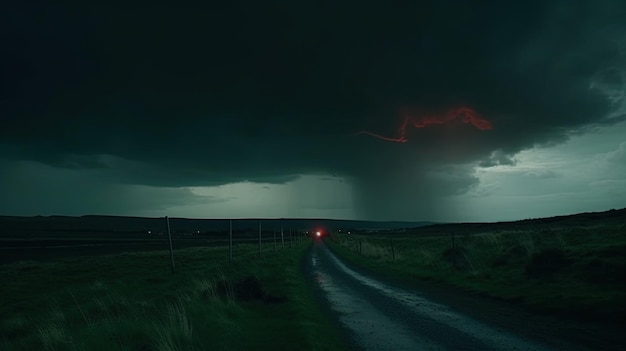 Um céu escuro e nublado com uma luz vermelha no final da estrada.