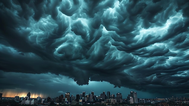 Foto um céu escuro e tempestuoso paira sobre uma cidade as nuvens são densas e sinistras e os relâmpagos estão a piscar