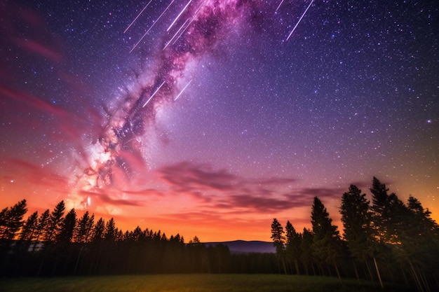 Um céu estrelado com uma estrela cadente ao fundo