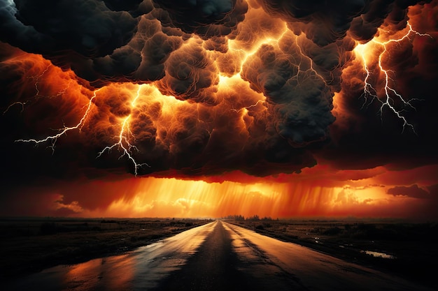 Um céu laranja-amarelo-acinzentado com nuvens relâmpagos trovões e uma tempestade aterrorizante por ai generativa
