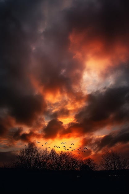 Foto um céu laranja com pássaros voando no estilo de efeitos de iluminação dramáticos nuvens atmosféricas
