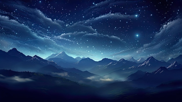 um céu noturno cheio de estrelas cintilantes uma lua brilhante e nuvens finas sobre uma silhueta de montanhas majestosas