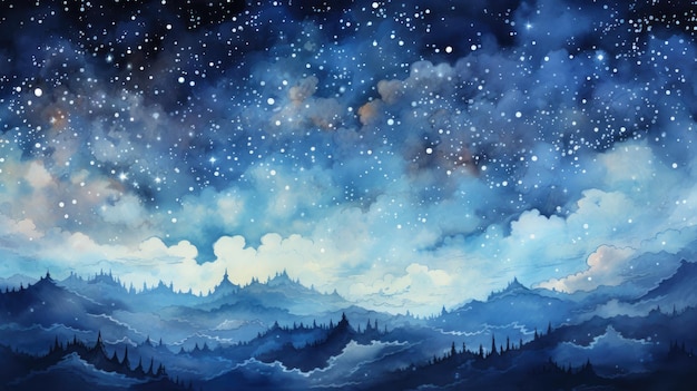Um céu noturno com estrelas aquarela papel texturizado tons frios AI Generative