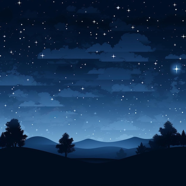 um céu noturno com estrelas e árvores ao fundo