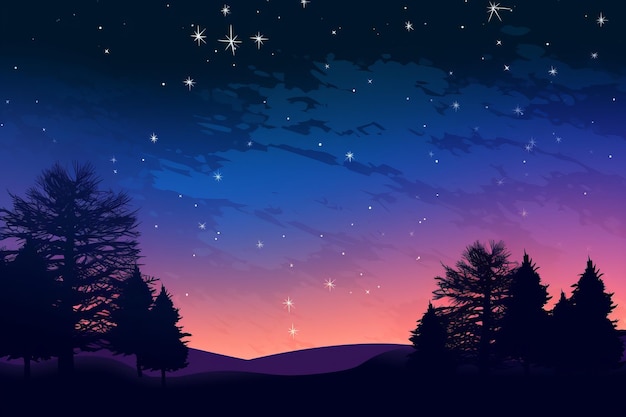 um céu noturno com estrelas e árvores ao fundo