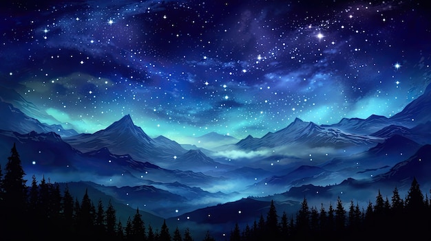 Um céu noturno com montanhas e árvores.