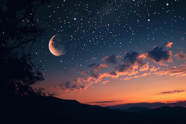um céu noturno com um crescente e estrelas