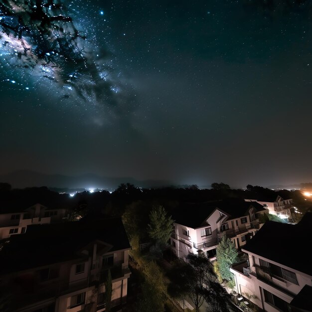 Um céu noturno com uma galáxia no centro