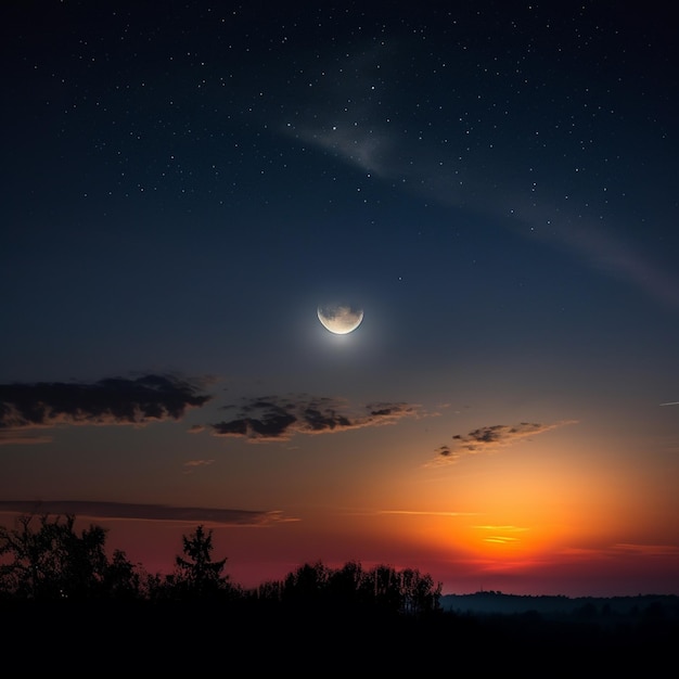 Um céu noturno com uma lua crescente e estrelas.