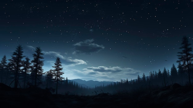 um céu noturno com uma montanha e árvores ao fundo