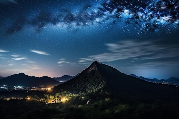 Foto um céu noturno com uma montanha e uma pequena casa em primeiro plano