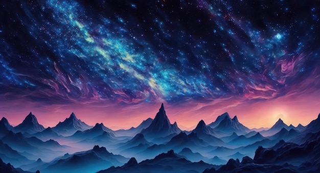 Um céu noturno estrelado com montanhas e estrelas