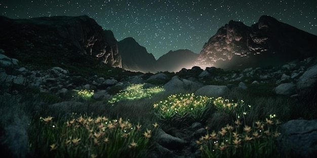 Um céu noturno estrelado com um campo de flores em primeiro plano e um céu estrelado ao fundo.