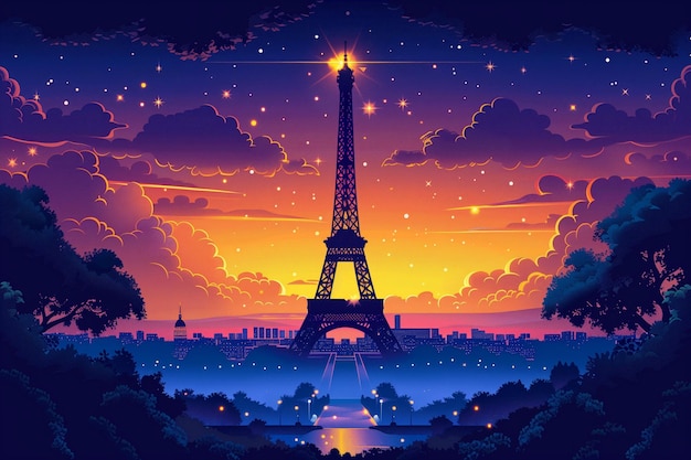 Um céu noturno estrelado ilumina a Torre Eiffel nesta encantadora ilustração vetorial gerada por IA