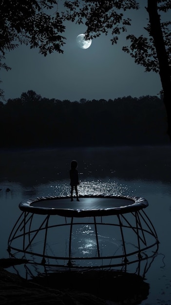 Um céu noturno sereno brilhando com estrelas sobre um lago tranquilo com um cais circular refletindo o brilho da lua