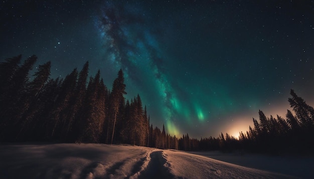 Um céu noturno sonhoso cheio de estrelas com a Via Láctea, luzes do norte e estrelas cadentes celestes.