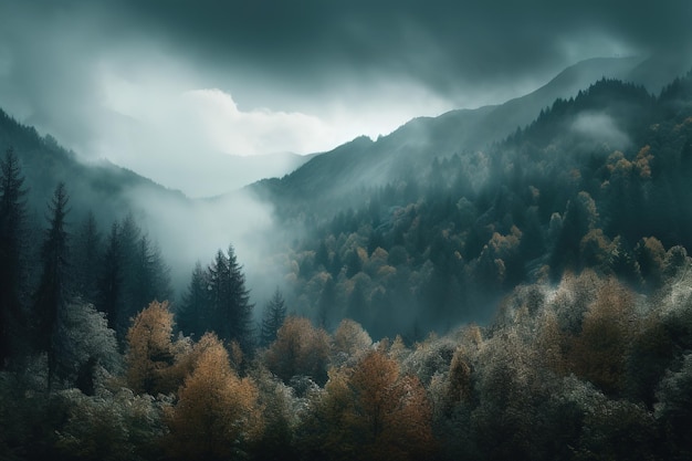 um céu nublado acima de uma floresta densamente povoada por árvores