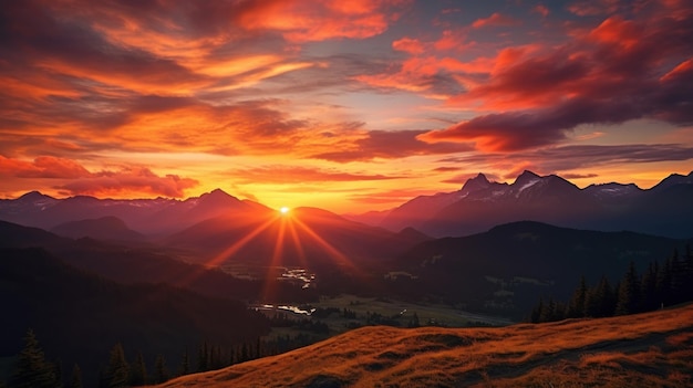 Um céu pôr do sol pintado em tons laranja vibrantes com nuvens iluminadas