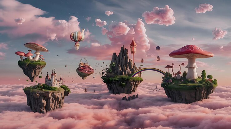 Foto um céu rosa com um castelo e um castelo voador nele
