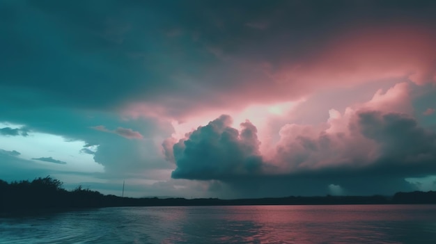 Um céu rosa e roxo com uma tempestade ao fundo