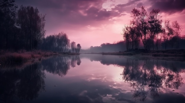 Um céu roxo com nuvens e árvores na margem do rio